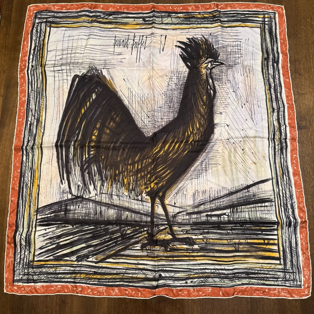 Bernard Buffet 100% Silk Scarf Le Coq‎ Rooster Beautiful & Lightweight 30” x 28”
